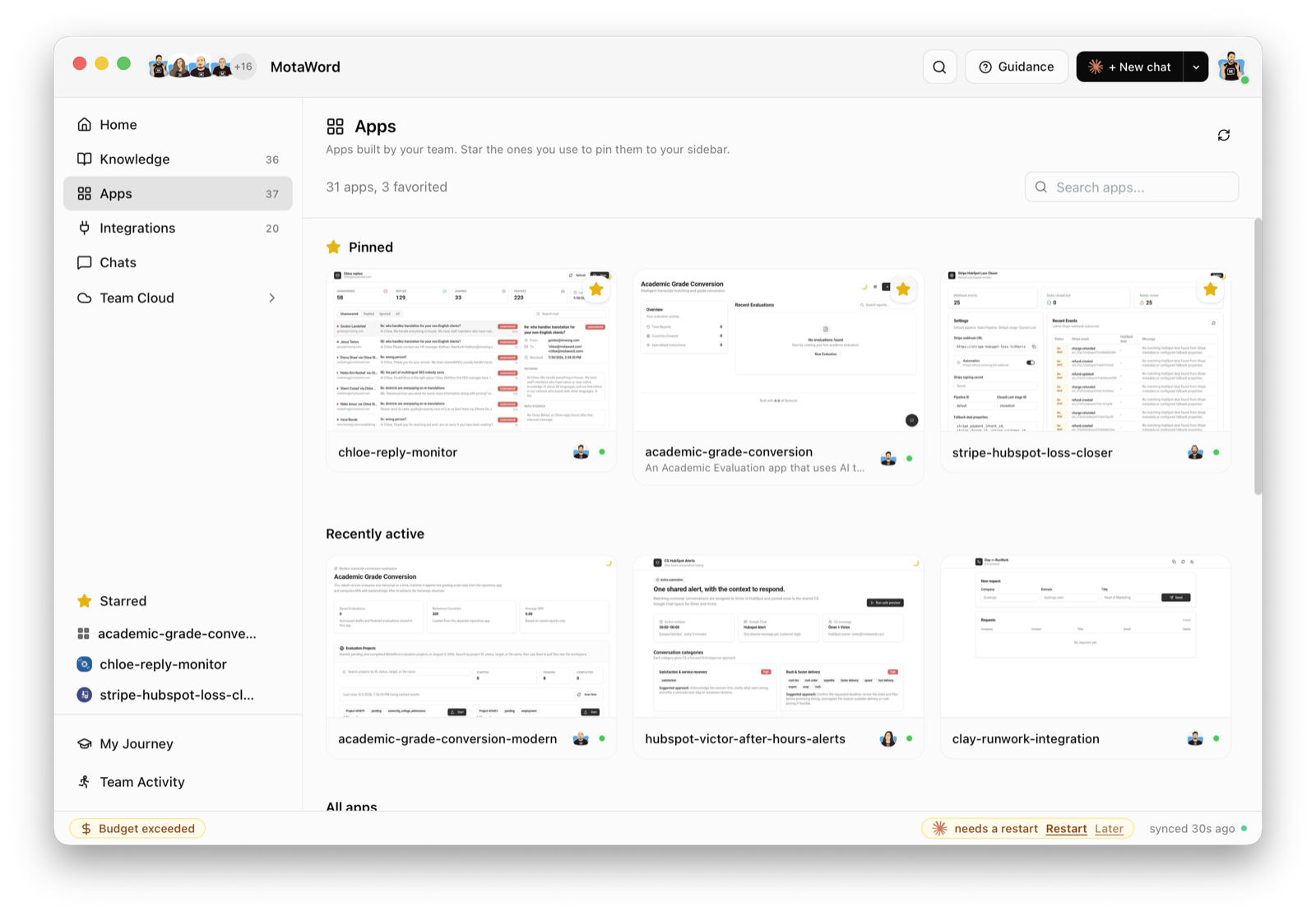 The new Apps page with pinned and recently active workspace apps