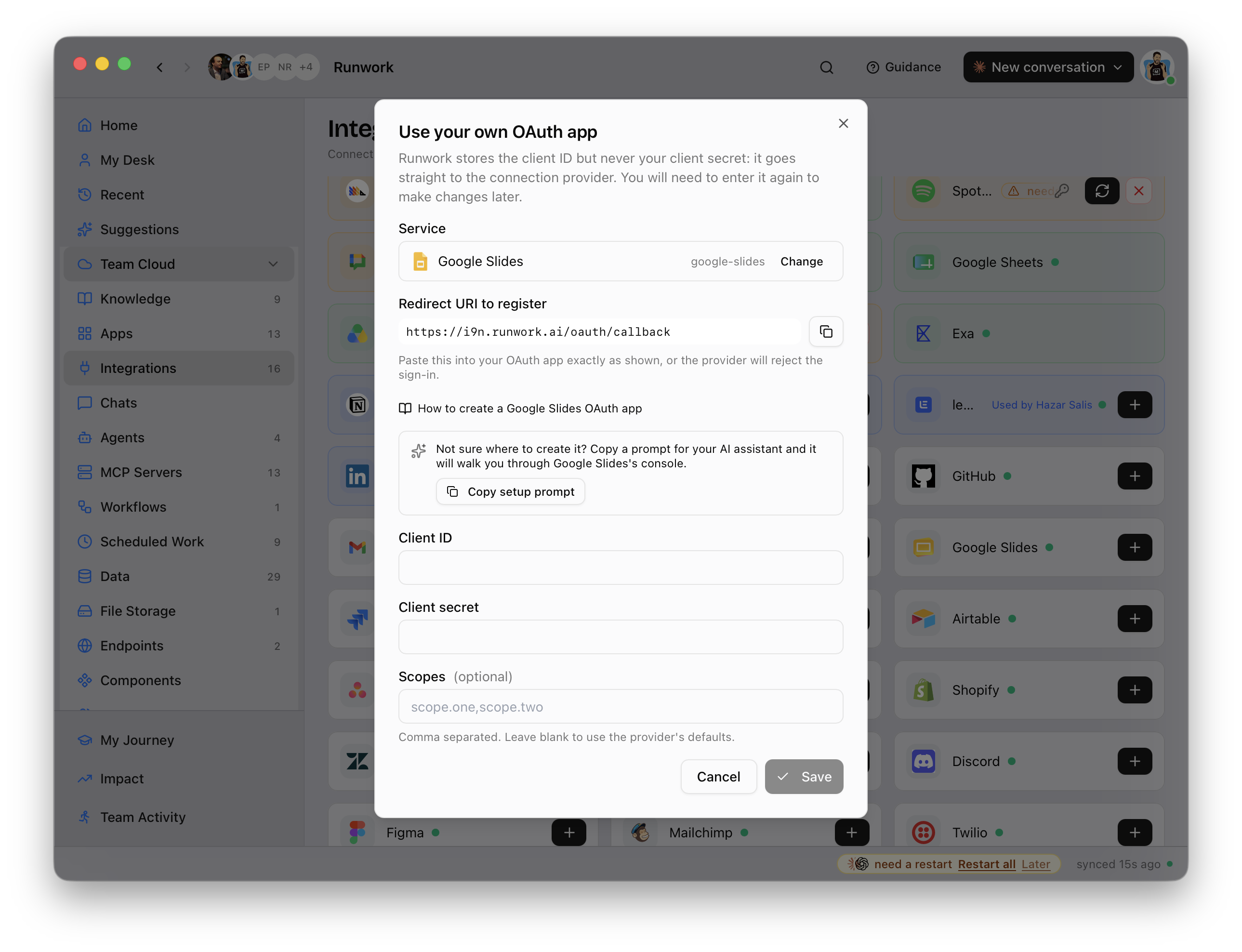The Use your own OAuth app dialog for Google Slides on the Integrations page, showing the redirect URI to register, a link to the setup guide, a copyable setup prompt for your AI assistant, and fields for client ID, client secret and scopes
