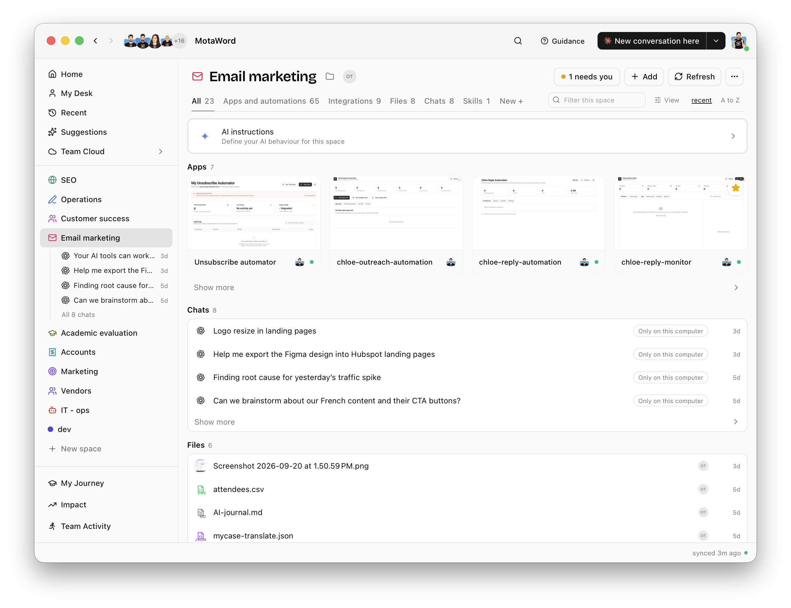 An Email marketing space in the Runwork desktop app, with the other spaces in the sidebar, AI instructions at the top, then the space's apps, its chats marked Only on this computer, and its files