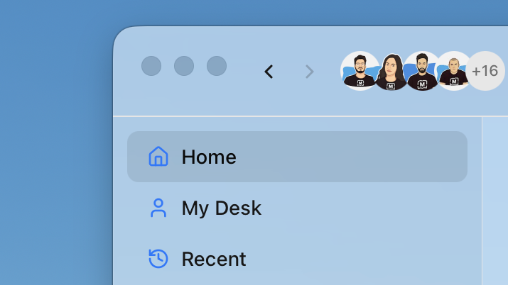 The Runwork desktop app with the Glass appearance on macOS: the team's faces in the title bar over Home, My Desk and Recent